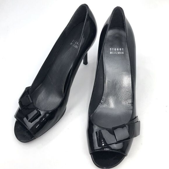Stuart Weitzman Black Patent Leather Open Toe Classic Heels - Picture 2 of 13